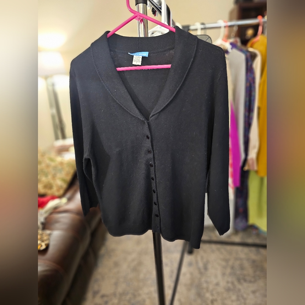 White + Warren round collar black cardigan